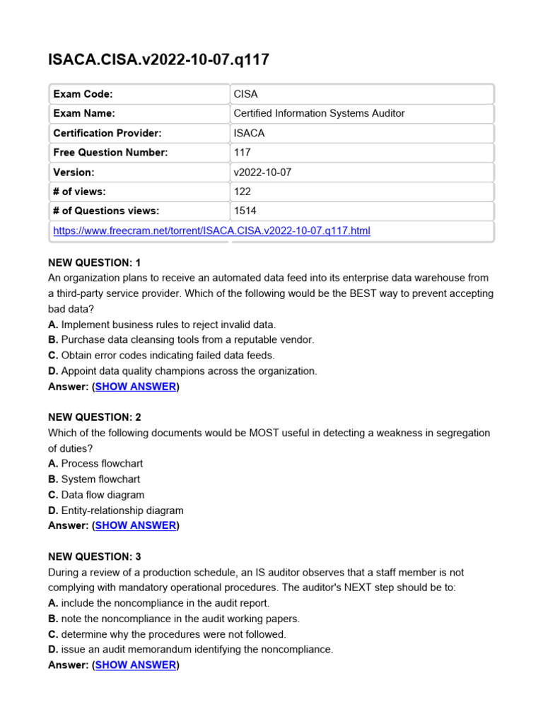 CISA Exam Questions and Answers 2022 | PDF | Security | Computer