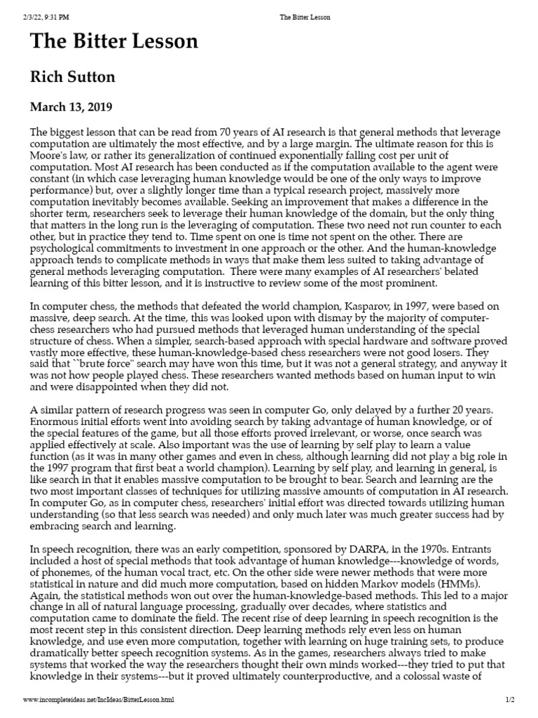 The Bitter Lesson Rich Sutton PDF Deep Learning Artificial