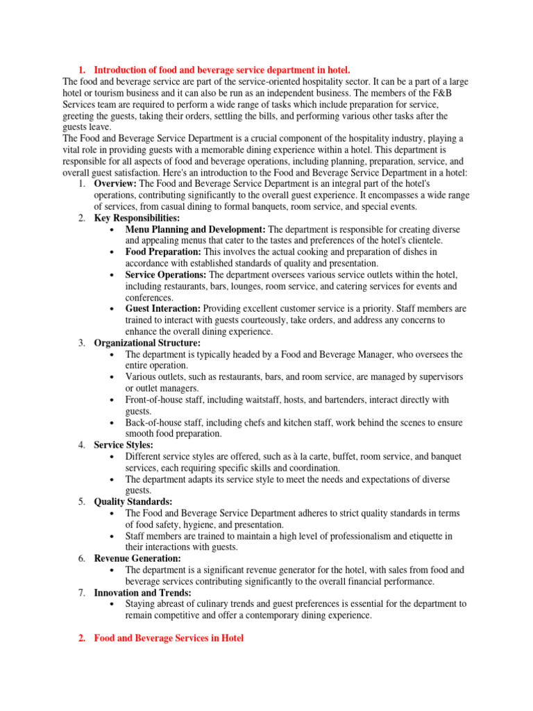 Overview of Hotel F&B Service Department | PDF | Waiting Staff ...