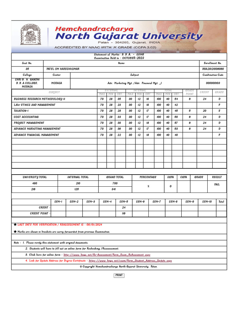 Result Hemchandracharya North Gujarat University PDF Economies