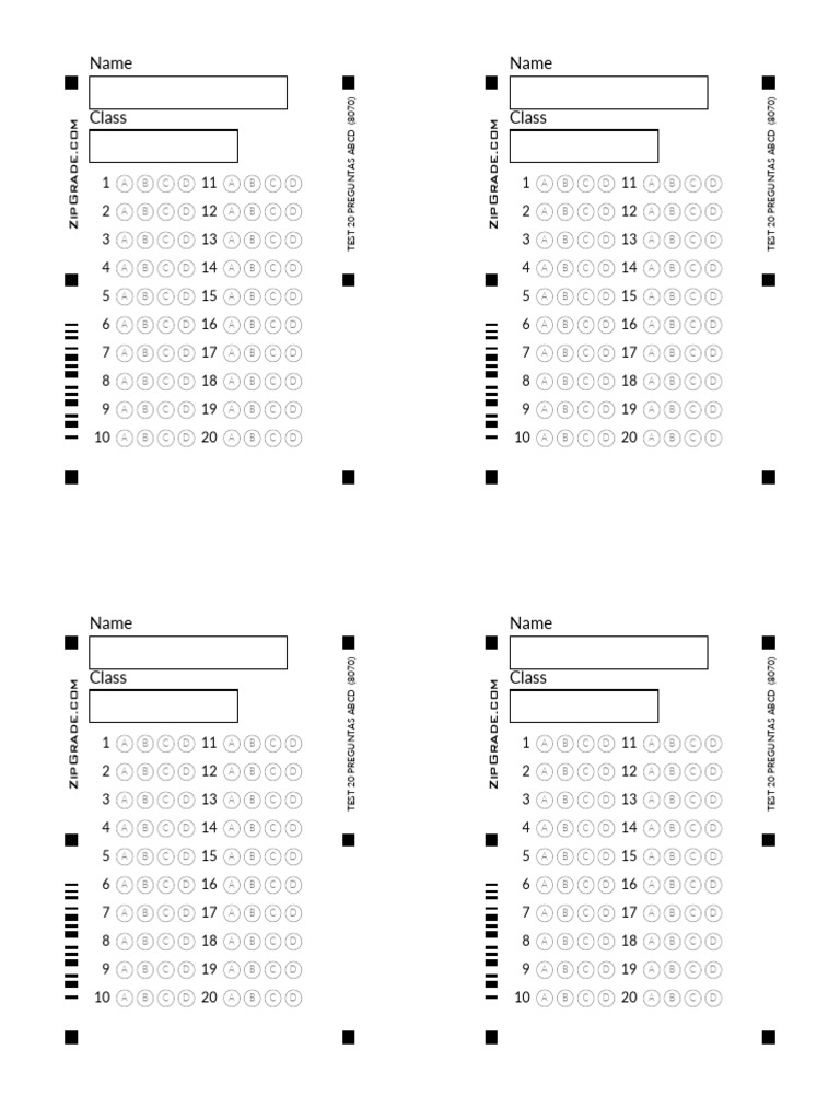 Hoja respuestas test 20 preguntas zip grade pdf