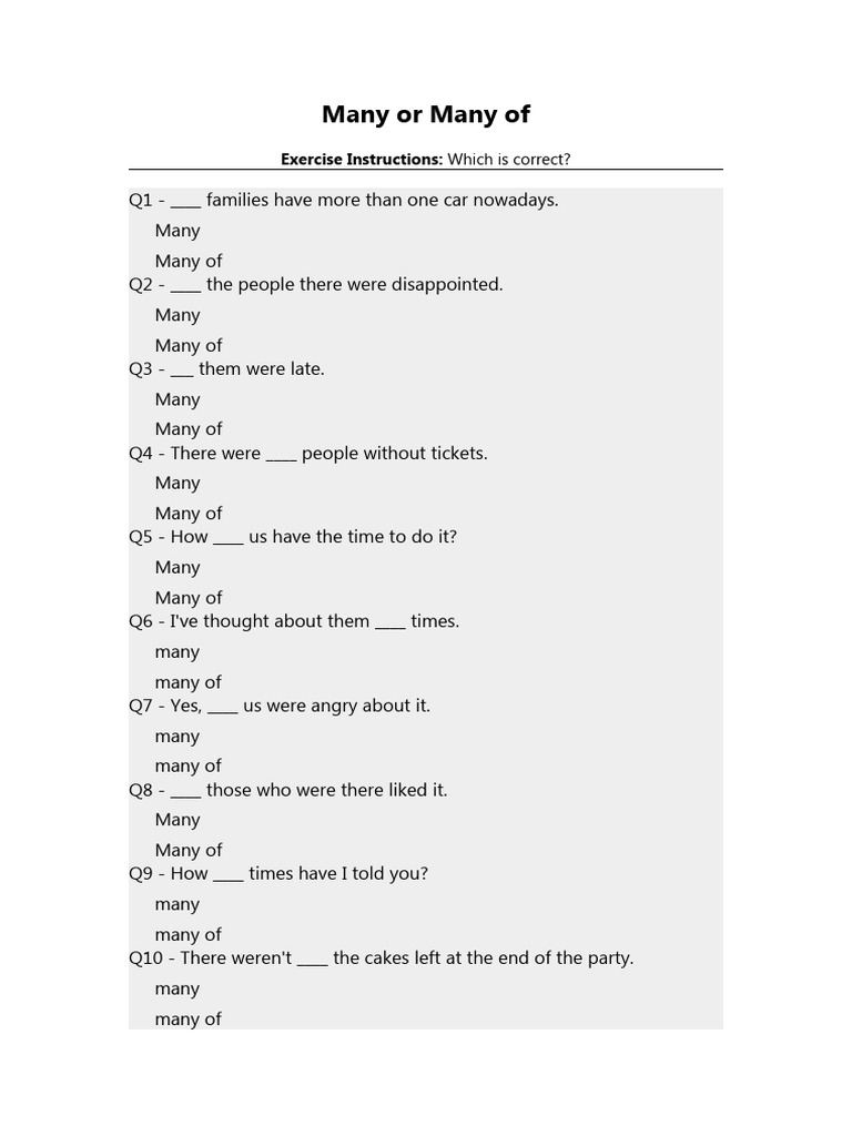 Many vs. Many of: Grammar Exercises | PDF | Noun | Semantics