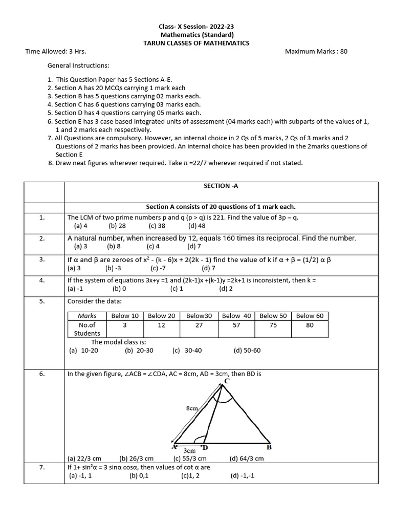 Class X Mathematics Exam Paper 2022-23 | PDF | Triangle | Circle