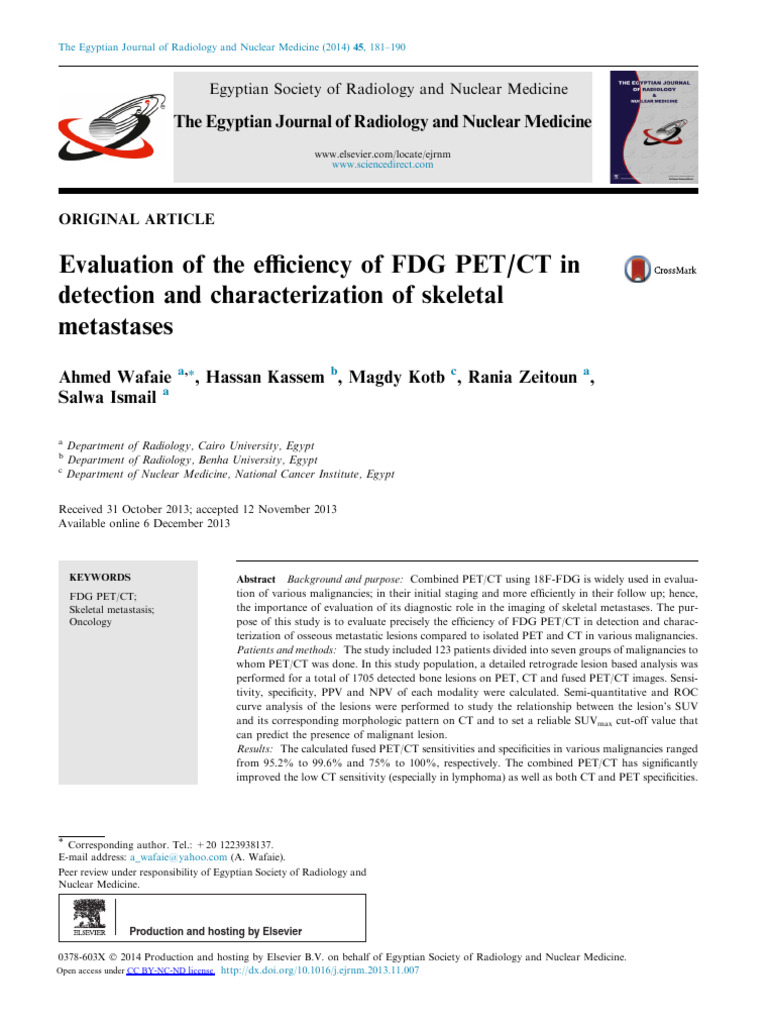 Evaluation of FDG PET in Skeletal Metastases | PDF | Positron Emission ...