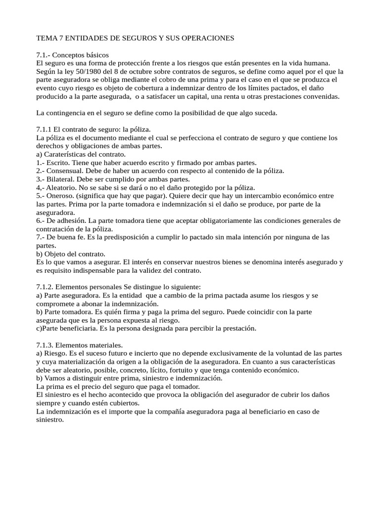 Tema 7 Entidades De Seguros Y Sus Operaciones Pdf Póliza De Seguros