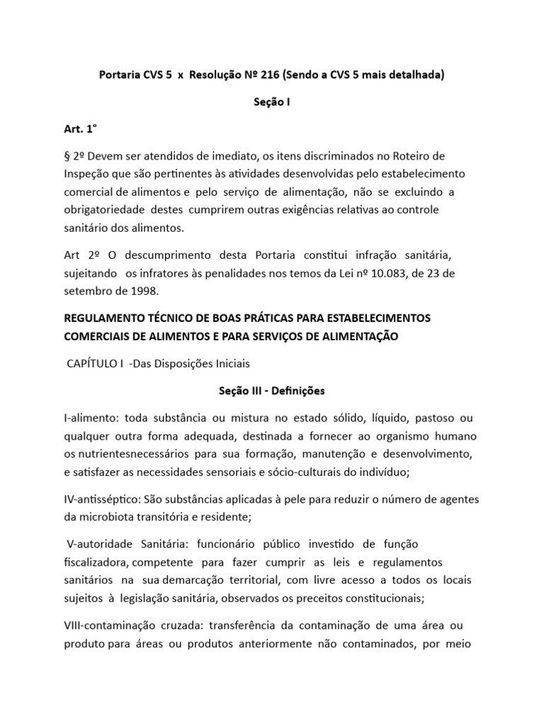Portaria CVS 5: Normas de Alimentos | PDF | Alimentos | Desinfetante