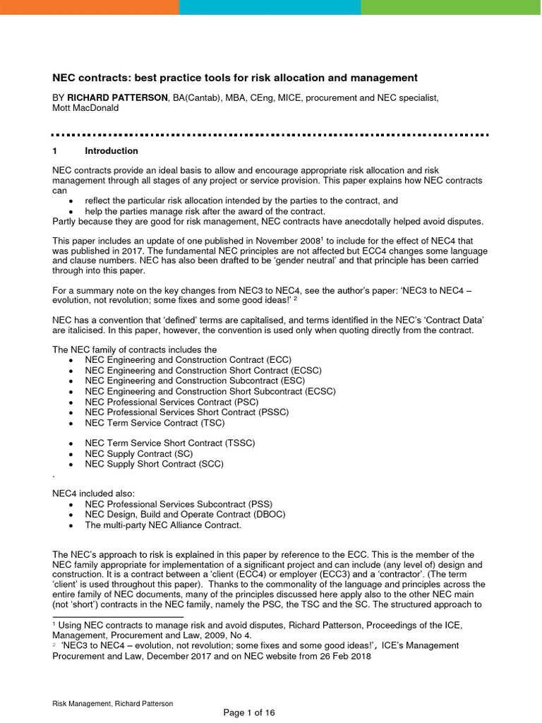 NEC Contracts: Risk Allocation Best Practices | PDF
