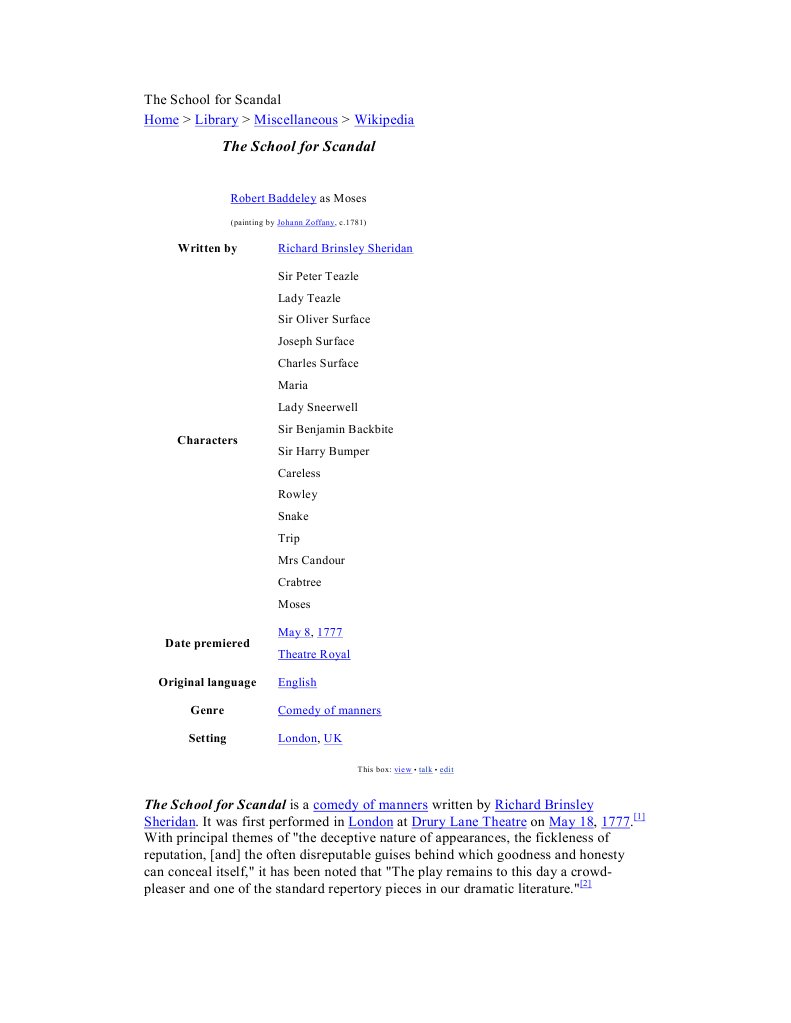 The School For Scandal Summary | PDF | Plays | Theatre