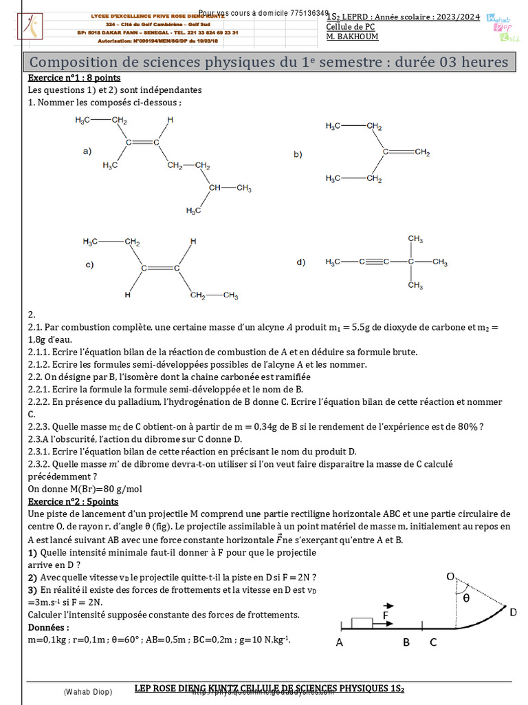 Exercice de sciences physiques 1S2 2023/2024 | PDF