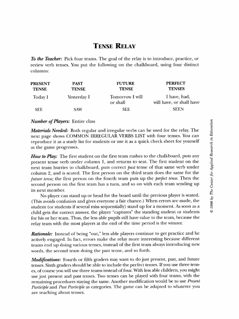 Verb Relay PDF Grammatical Tense Perfect (Grammar)