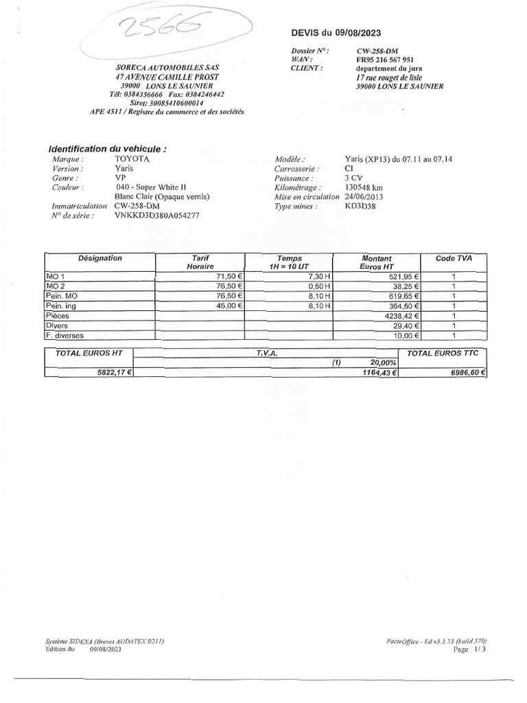 Devis Réparation Toyota Yaris 09/08/2023 | PDF