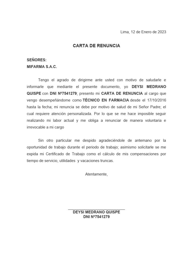 Carta de Renuncia de Deysi Medrano | PDF