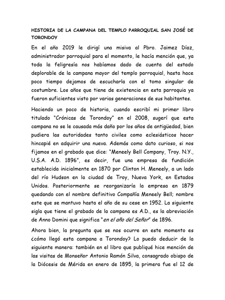 Historia de la Campana de Torondoy | PDF | Patrimonio cultural