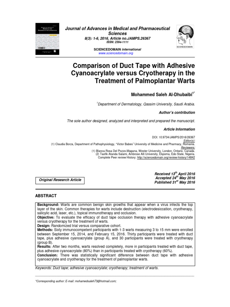 Comparison of Duct Tape Vs Cryotherapy in The Treatment of Palmoplantar