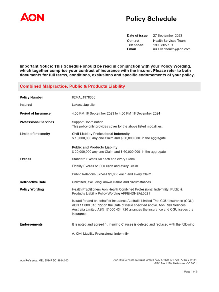 Combined Liability Insurance Schedule | PDF