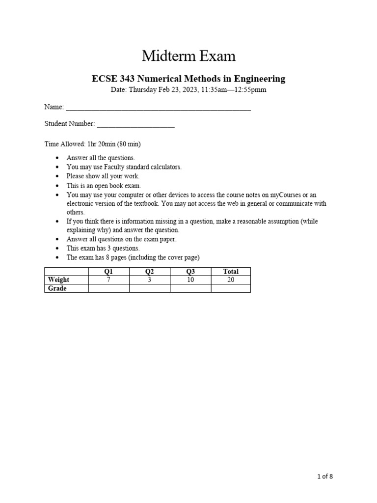 ECSE 343 Numerical Methods Midterm Exam | PDF | Matrix (Mathematics ...