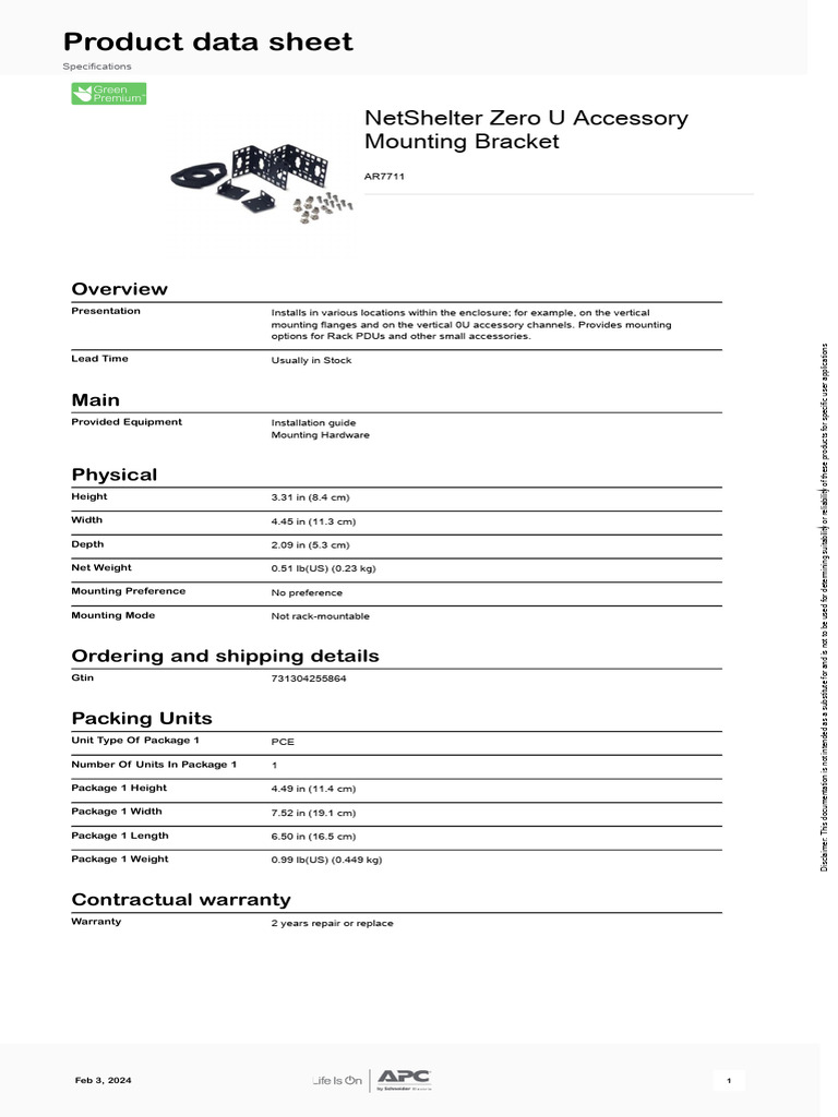 APC AR7711 NetShelter Zero U Accessory Mounting Bracket