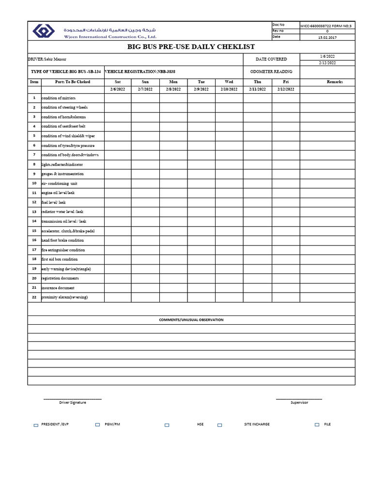 Bus Daily Inspection Cheklist PDF Motor Vehicle Vehicle Technology