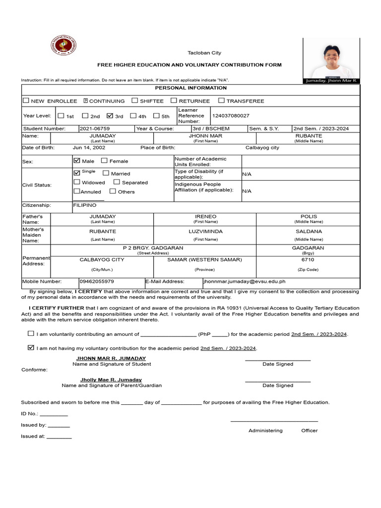 Free Education Form For 202106759 SEM 2 SY 20232024 PDF