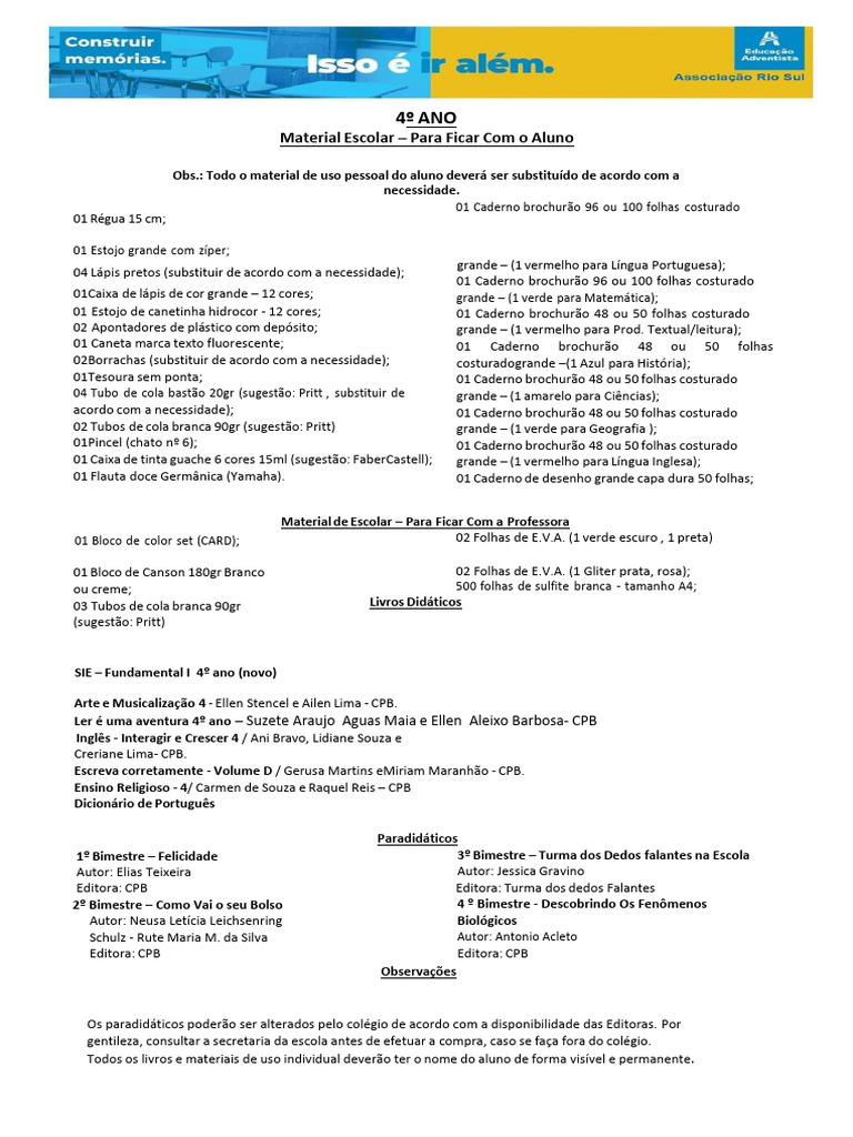 Lista de Material 2024 4º ano escola adventista PDF Conservação e