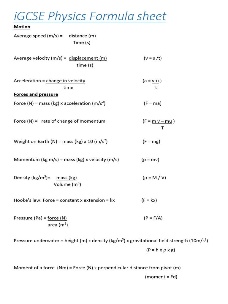 iGCSE Physics Formula Overview | PDF | Force | Velocity