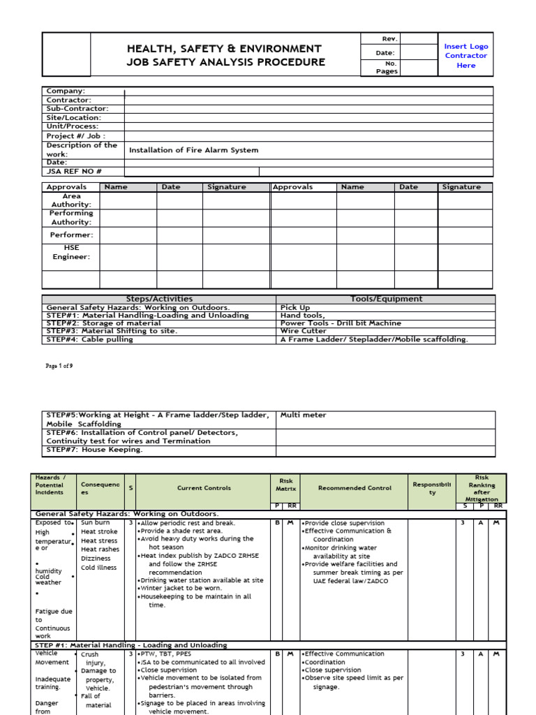 JSA for Fire Alarm System Installation | PDF | Risk | Scaffolding