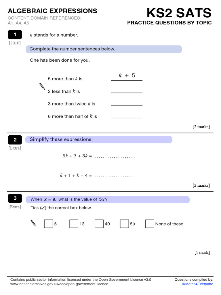 Algebraic Expressions Ks2 Sats Questions 30037 | PDF