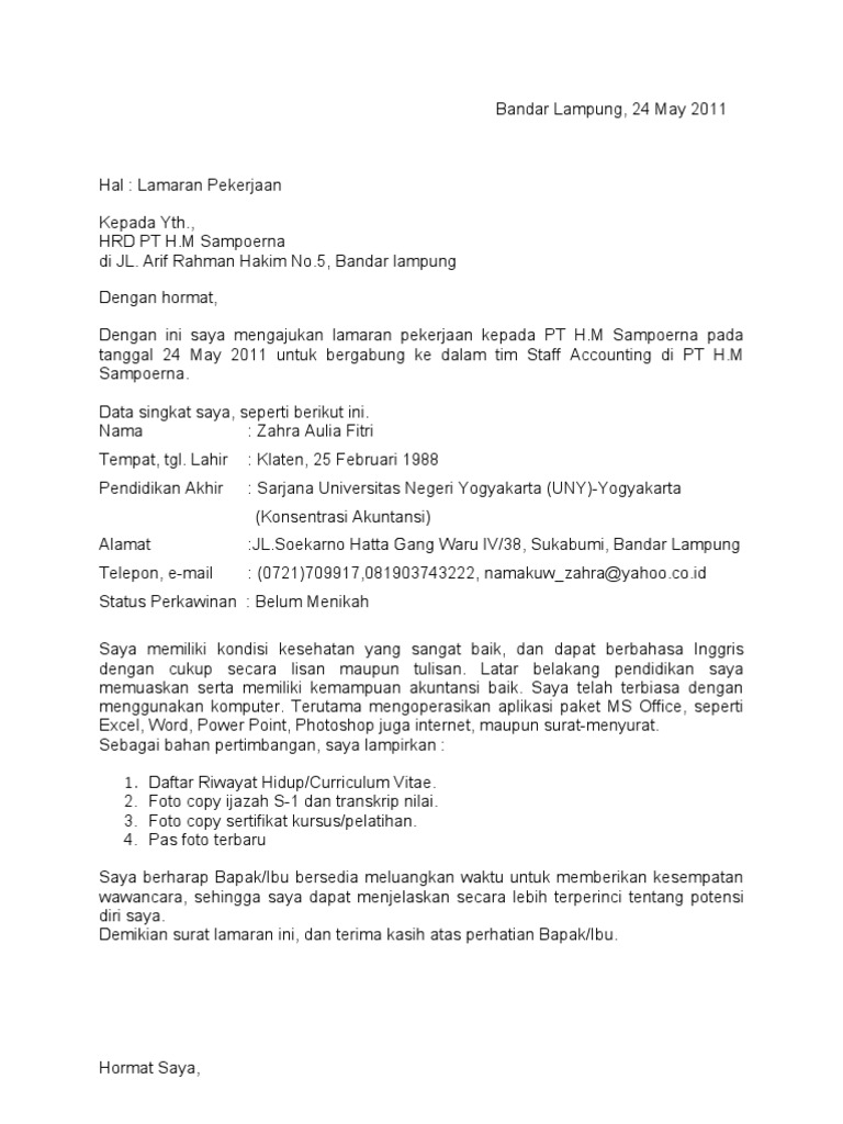 Surat Lamaran Pt H M Sampoerna 