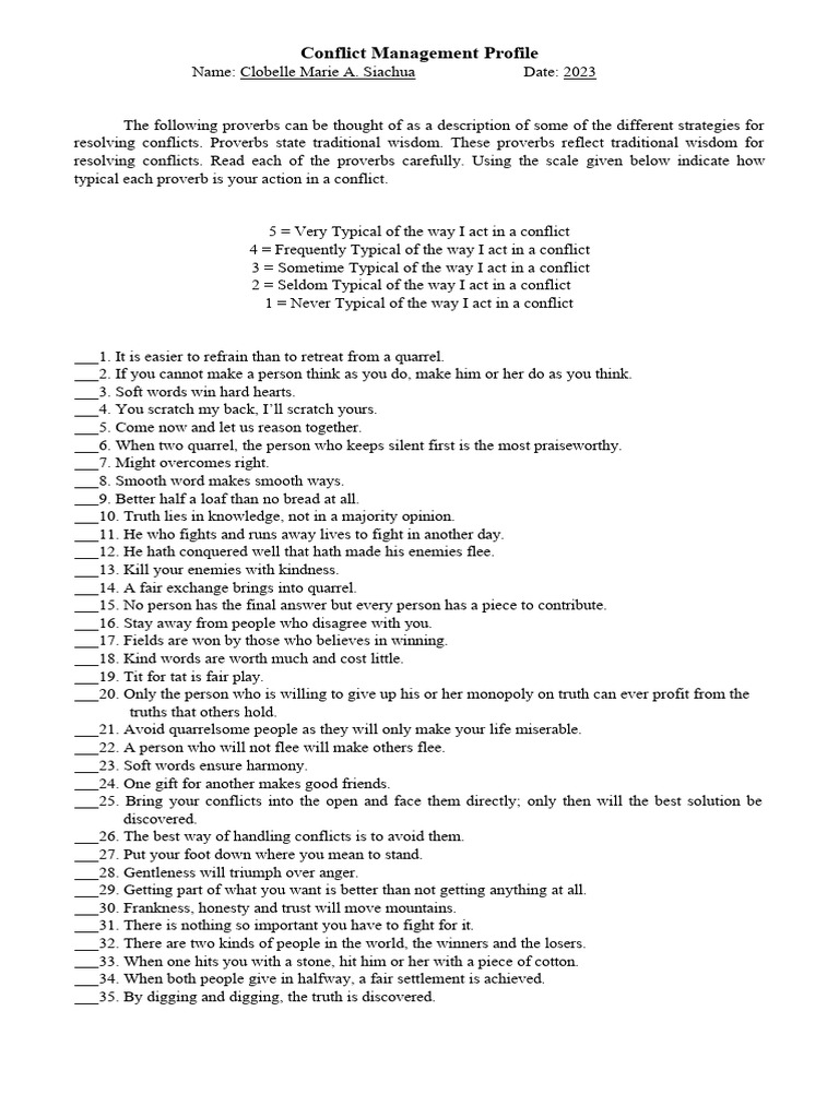 Conflict Management Strategies Questionnaire | PDF | Social Psychology ...