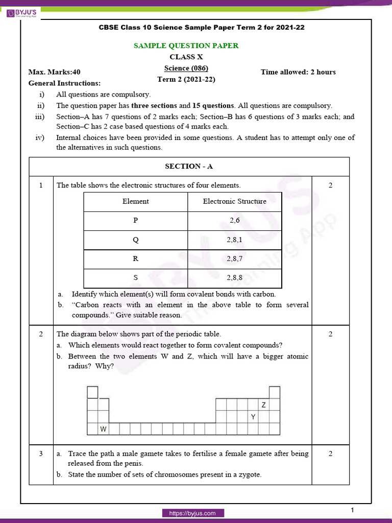 CBSE Class 10 Science Sample Paper Term 2 for 2021 22 PDF