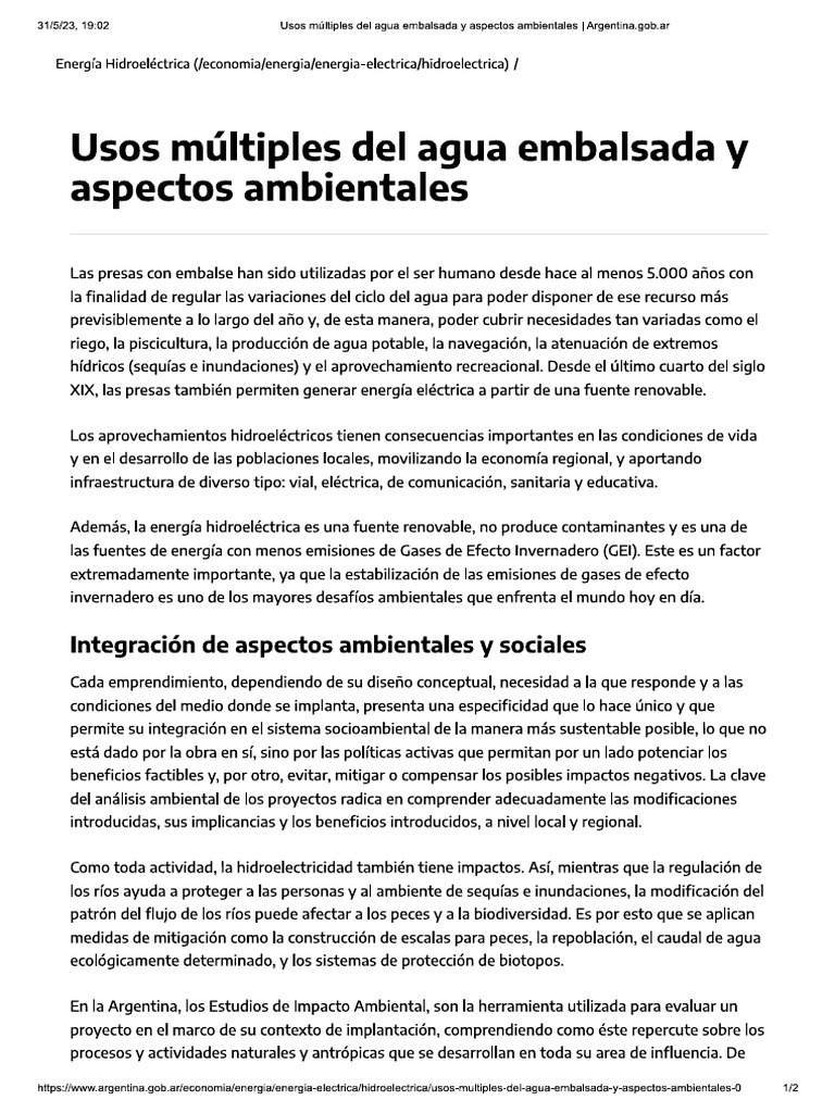 Usos Multiples de Agua Embalsada y Aspectos Ambientales | PDF