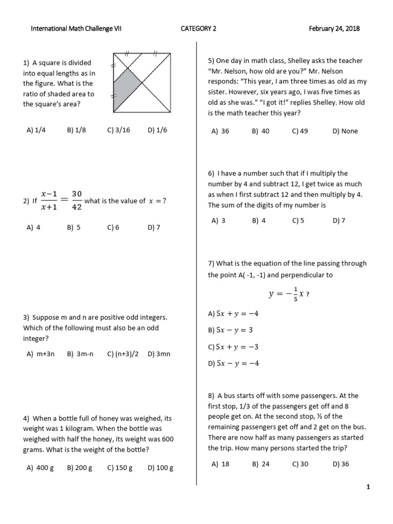 Category 2 - R1 - Int'l Math Challenge VII | PDF | Numbers | Arithmetic