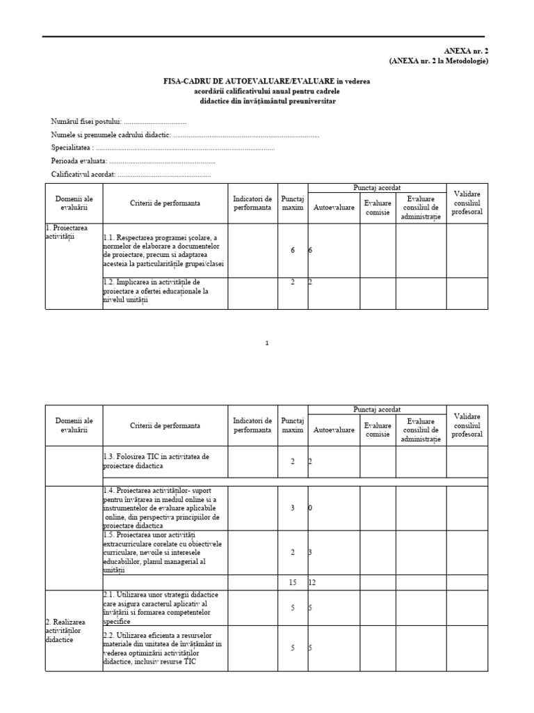 Fisa de Autoevaluare Cadre Didactice - Model 2022 | PDF