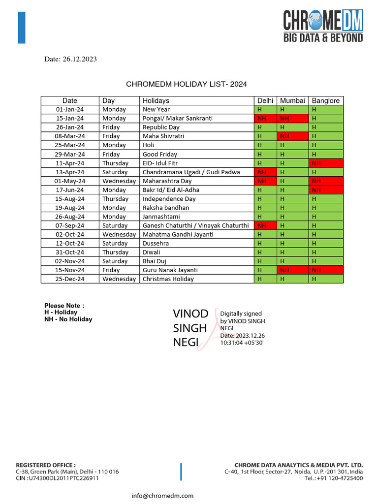 Holiday List 2024 PDF