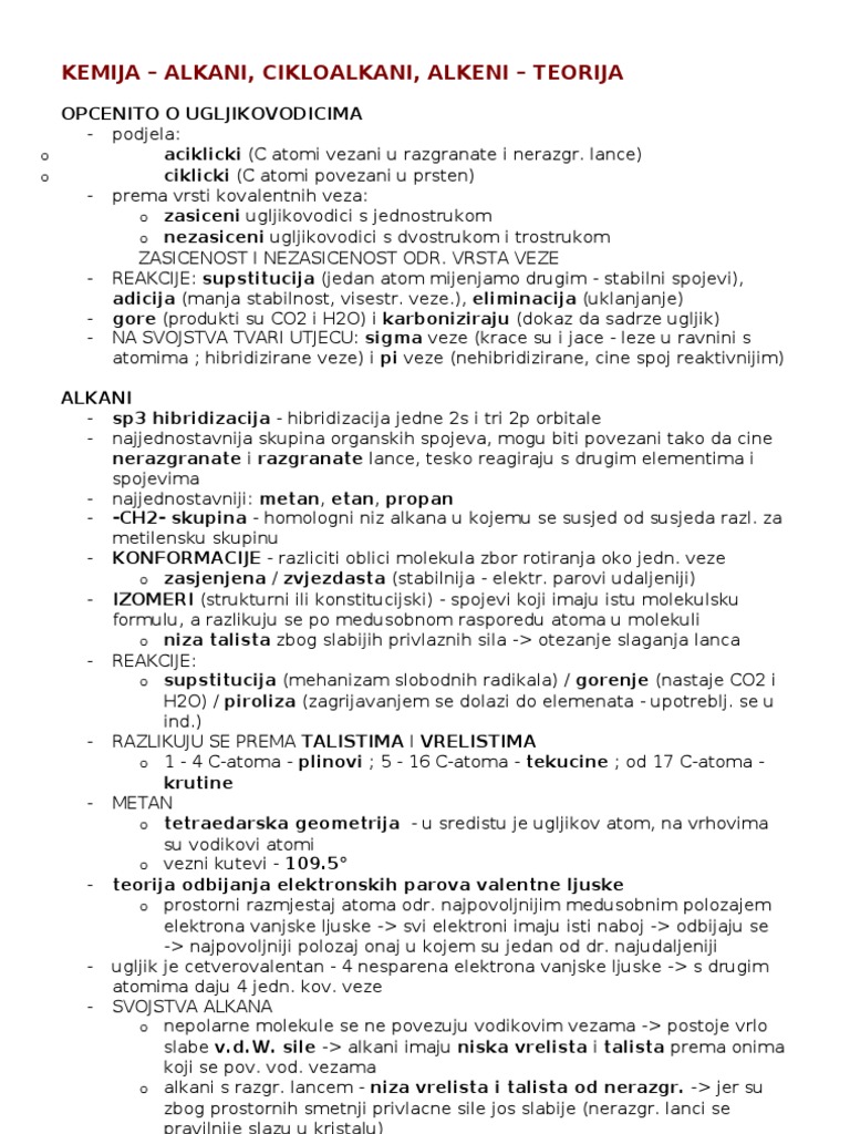 KEMIJA - Alkani, Cikloalkani, Alkeni - Teorija | PDF
