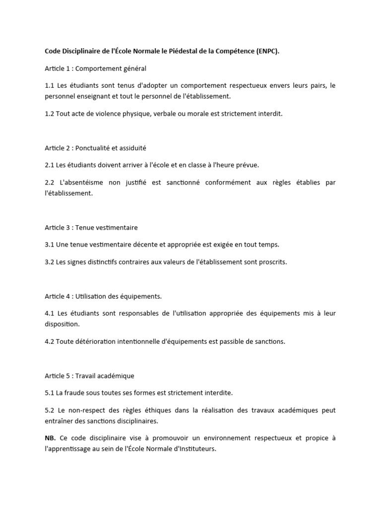 Code Disciplinaire de l'ENPC | PDF | Bien-être