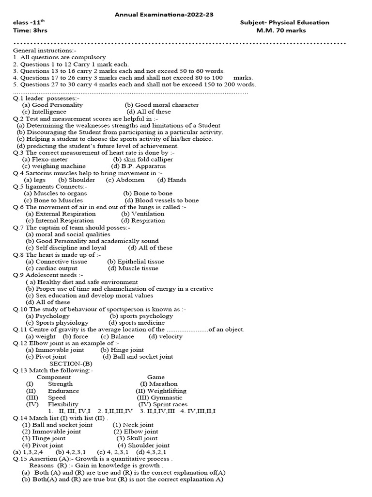 Class 11 Physical Education Exam Paper | PDF | Heart | Weight Training