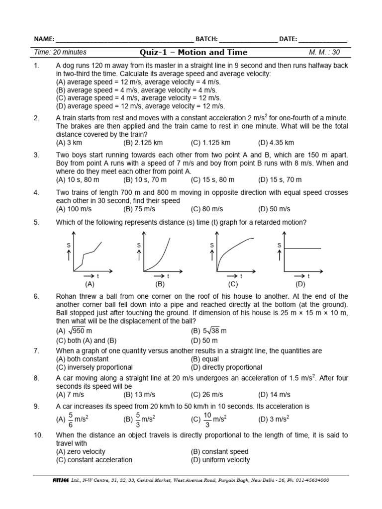 Motion & Time Quiz-1 Class-VII | PDF | Speed | Velocity