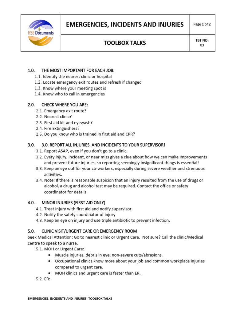 Emergency Response Toolbox Talk Guide | PDF | First Aid | Clinic