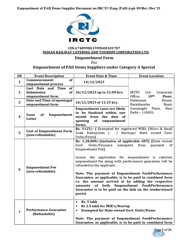 IRCTC PAD Items Supplier Empanelment Guide | PDF | Arbitration | Tea