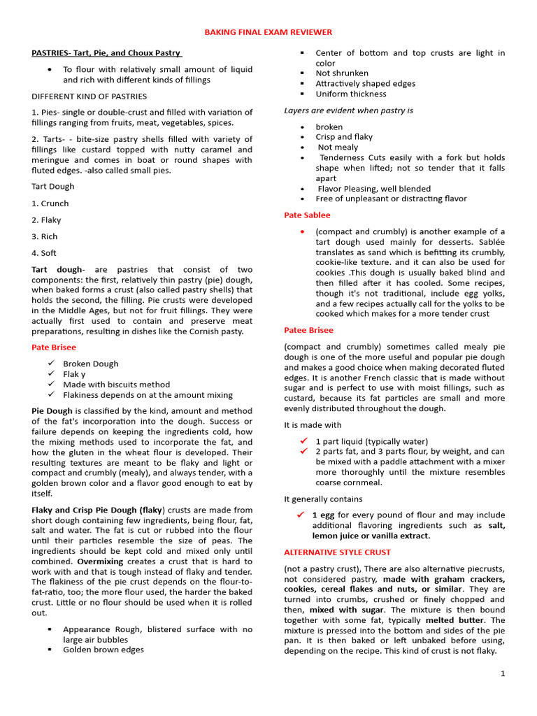 Baking Final Exam Reviewer PDF Custard Flour