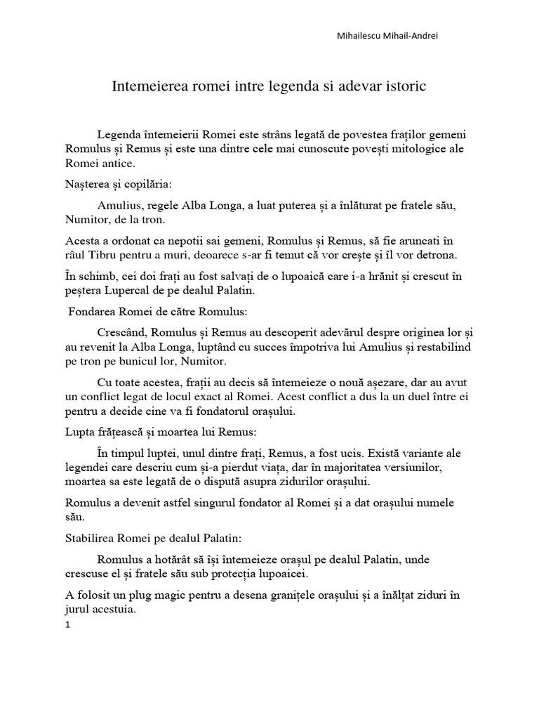 Intemeierea Romei Intre Legenda Si Adevar Istoric | PDF