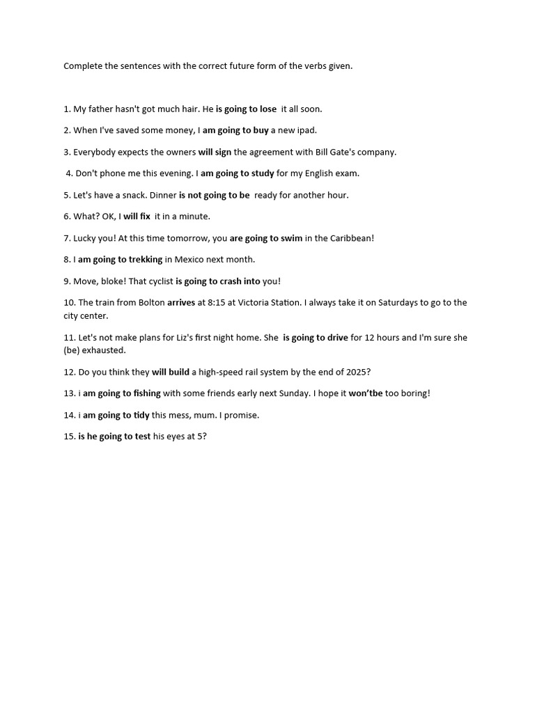 Complete the Sentences With the Correct Future Form of the Verbs Given ...