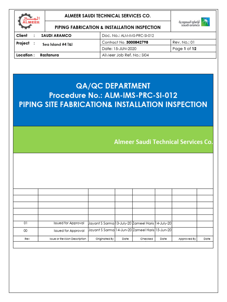 Piping Fabrication Inspection Procedure | PDF | Welding | Construction