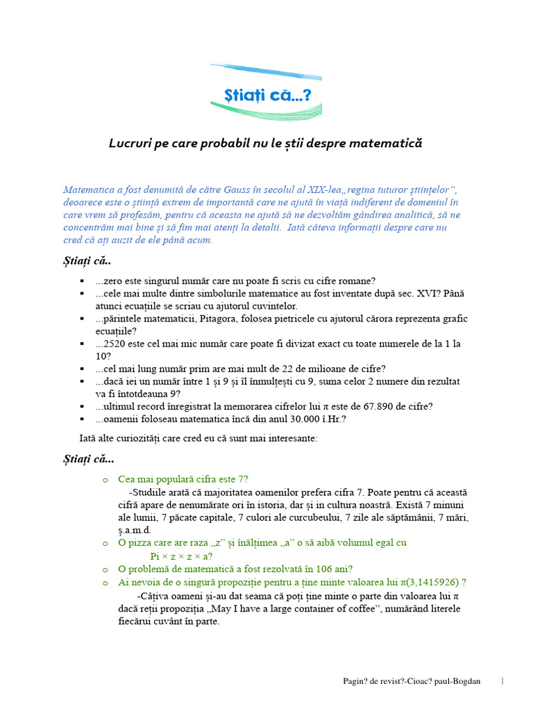 Lucruri Pe Care Probabil Nu Le Știi Despre Matematică | PDF