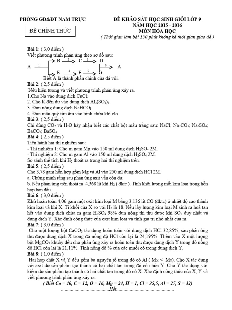 De Va Dap An HSG Hoa Hoc 9 Huyen Nam Truc Nam Hoc 2015 2016 | PDF