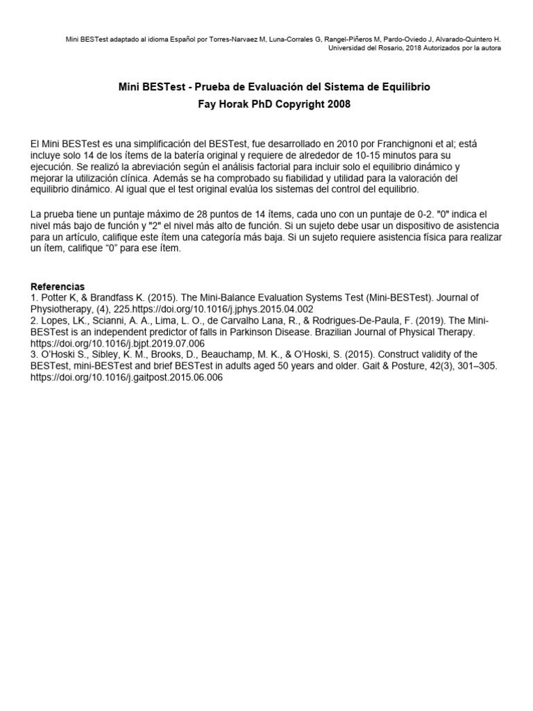 Mini BESTest Version Español 2018 (j2022) | PDF