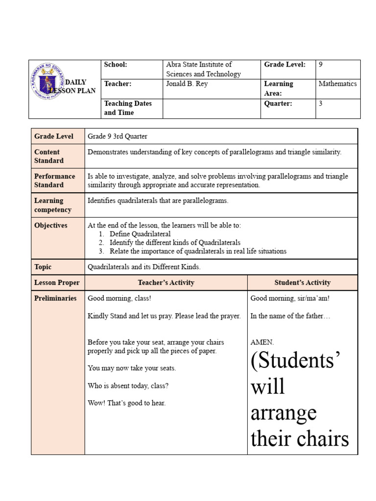 Lesson Plan: Types of Quadrilaterals | PDF