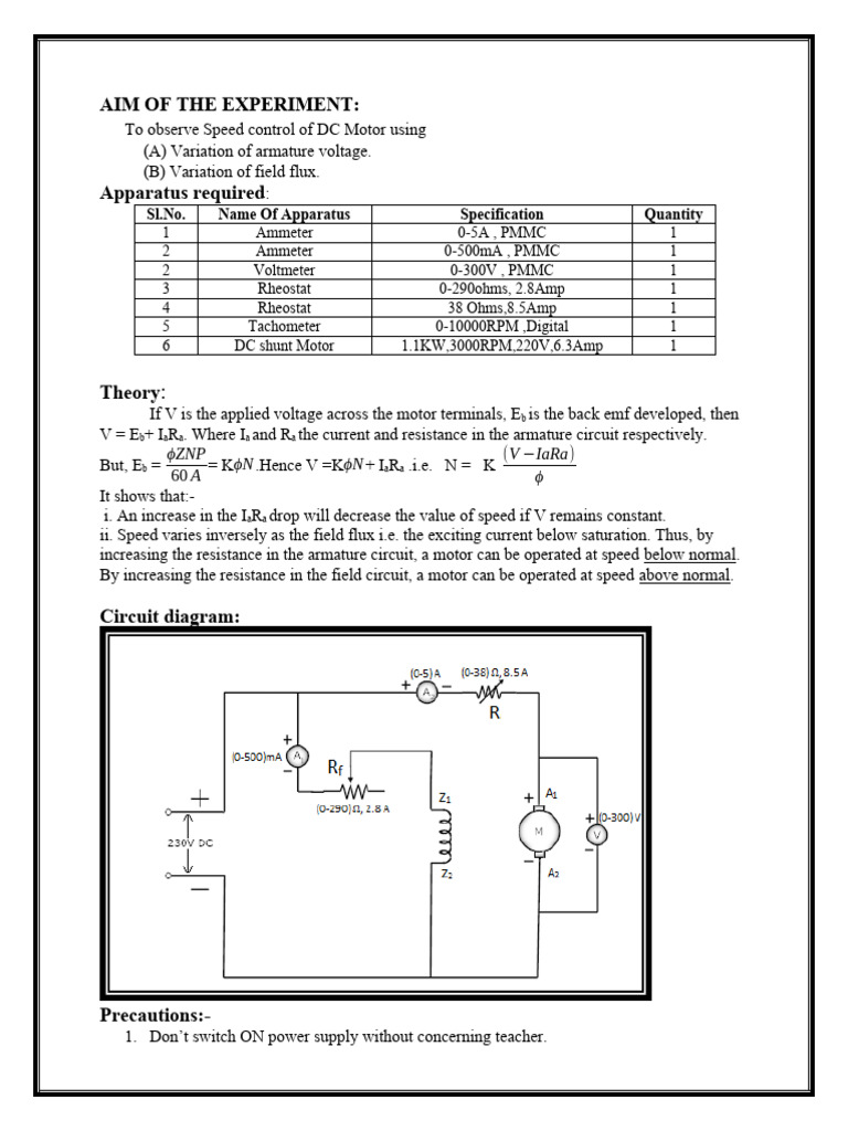 Speed Control of DC Shunt Motor | PDF | Electric Motor | Electrical ...
