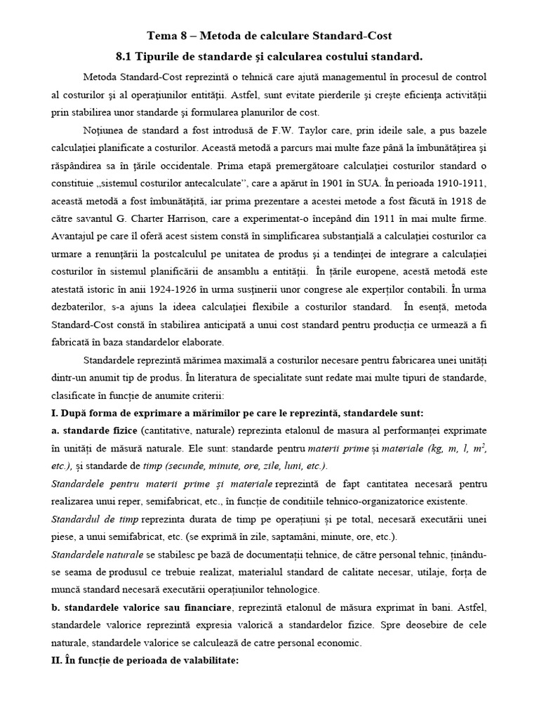 Tema 8 Metoda de Calculare Standard Cost | PDF